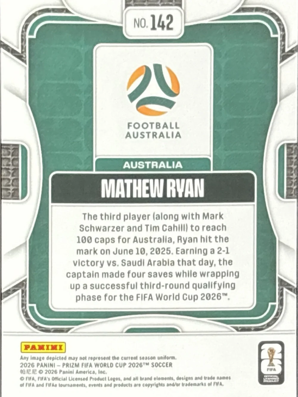 Panini Mathew Ryan Australia Soccer Card